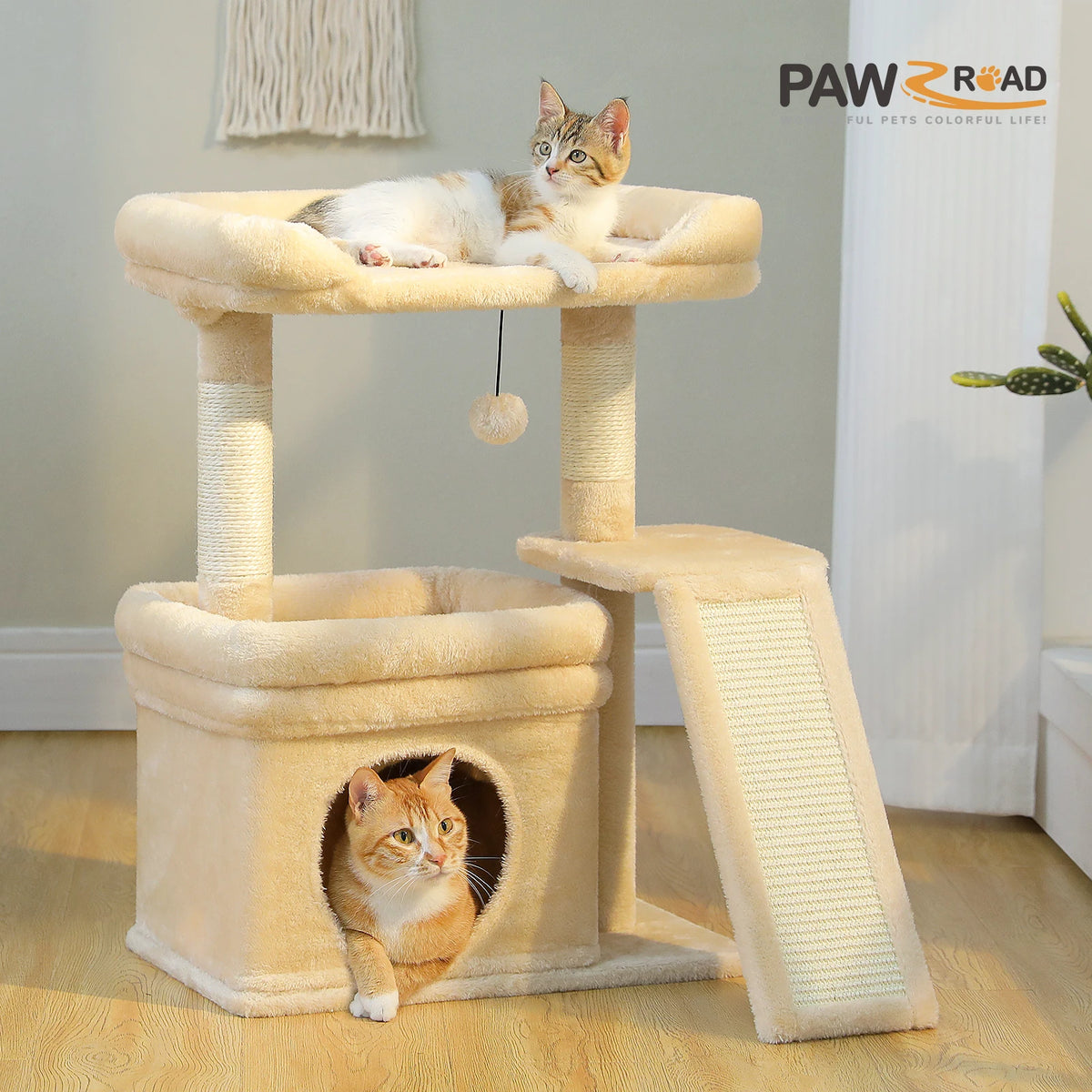 A beige cat tree featuring sisal scratching posts, a cozy perch, and an entrance tunnel for a cat.