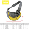 Yellow breathable dog sling carrier with gray straps and size specifications