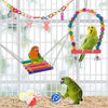 A natural wooden swing and chewing toy set for parrots featuring colorful beads, chains, and wooden blocks.