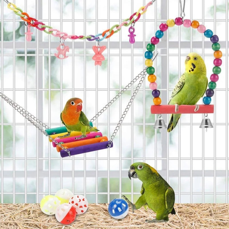 A natural wooden swing and chewing toy set for parrots featuring colorful beads, chains, and wooden blocks.