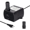 A black submersible water pump with a power cord and a separate pump head is shown.