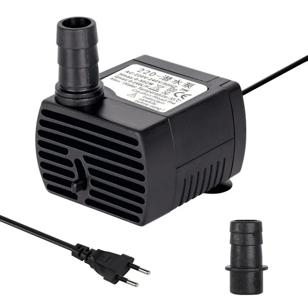A black submersible water pump with a power cord and a separate pump head is shown.