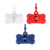 Three bone-shaped poop bag dispensers in white, red, and blue with clips.