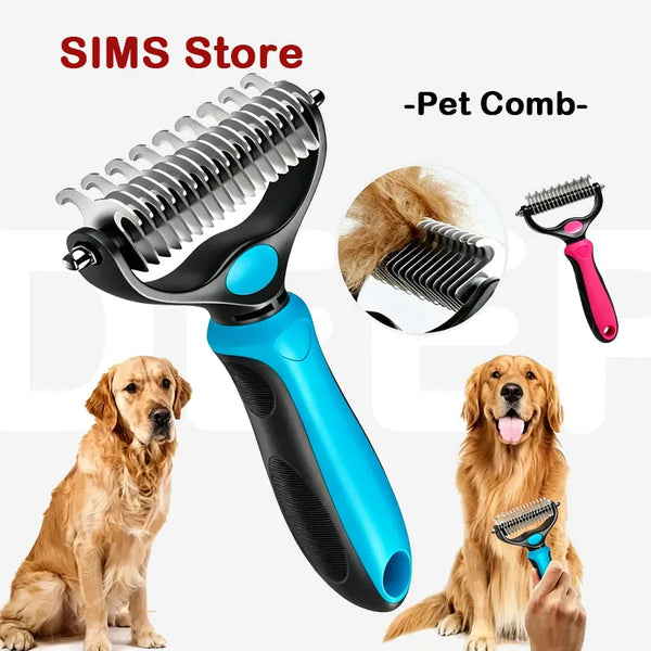 A black and blue pet grooming brush and comb is shown next to a dog.