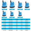 A row of submersible aquarium water pumps in various colors and models with listed voltage, power, and flow rates.
