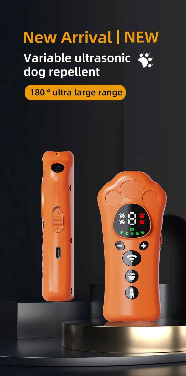 An orange ultrasonic dog repellent device is shown standing on a dark surface.
