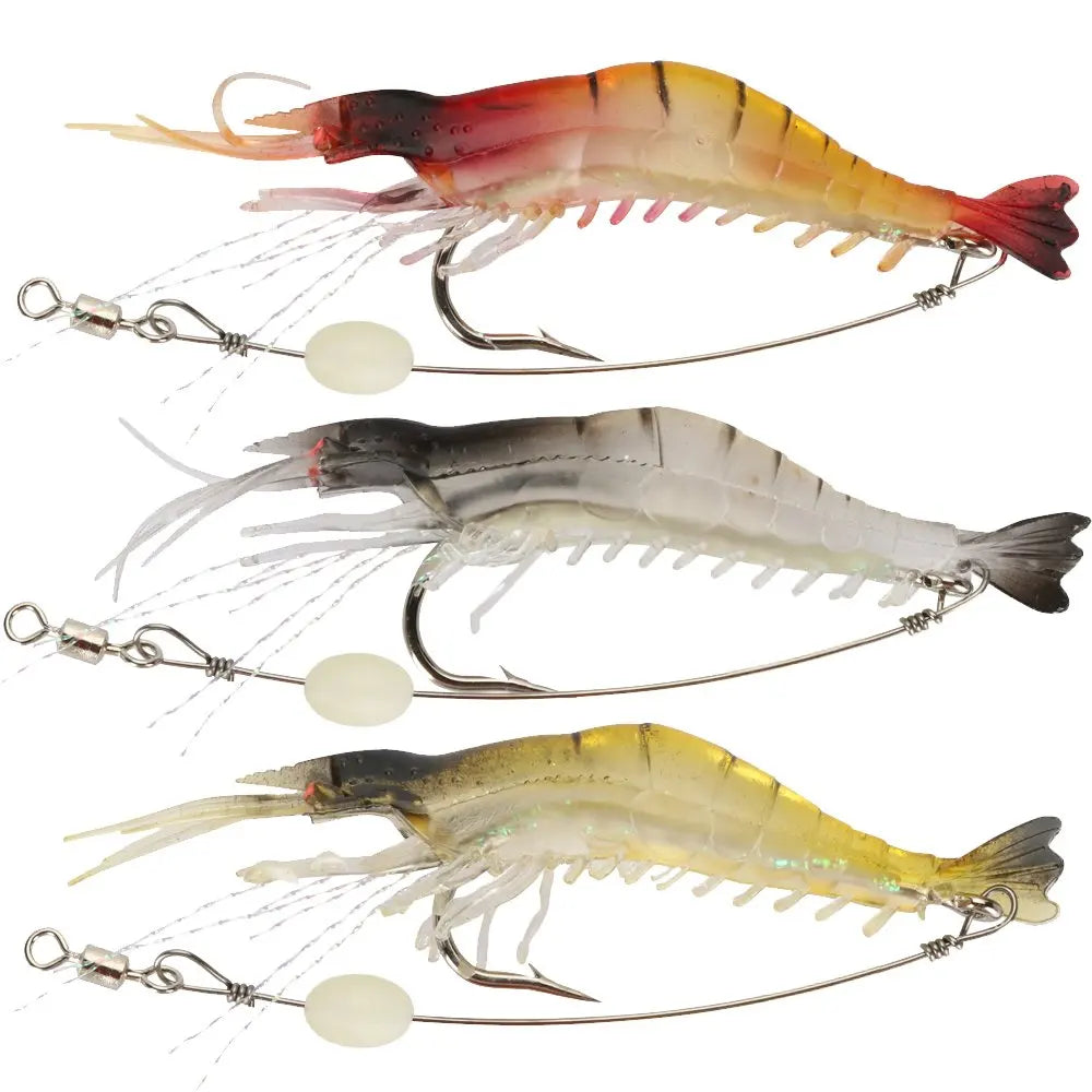 A collection of luminous soft shrimp lures for fishing, showing various translucent and colored baits on fishing lines.