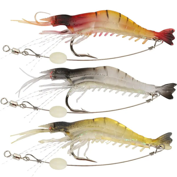 A collection of luminous soft shrimp lures for fishing, showing various translucent and colored baits on fishing lines.