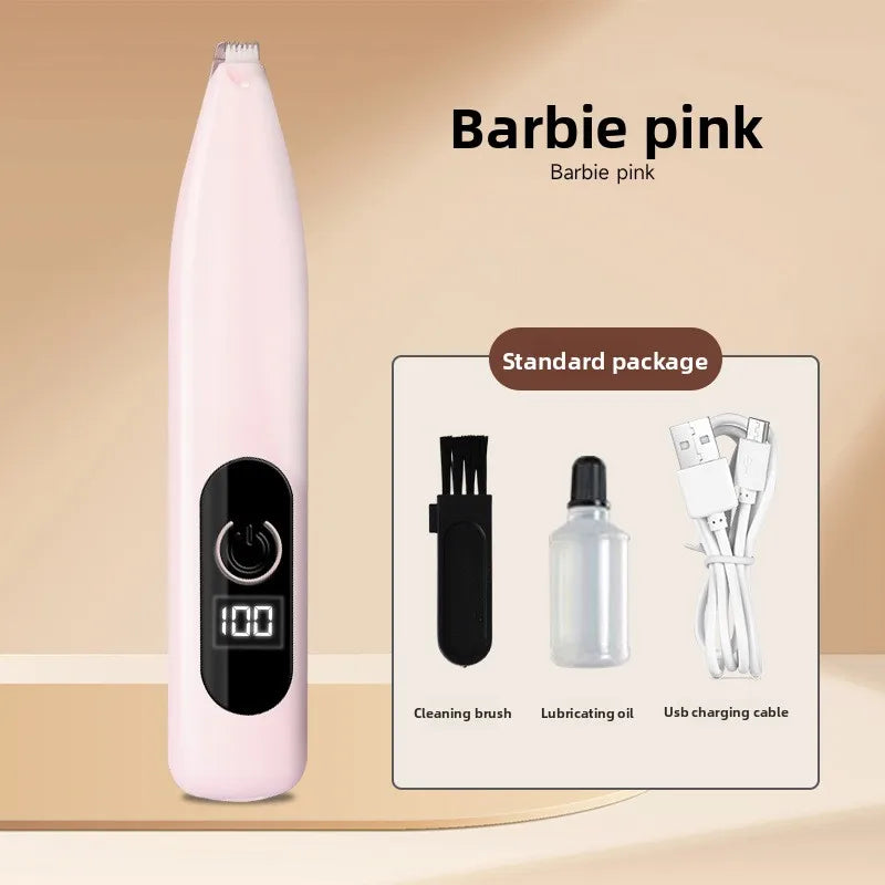 A pink electric pet hair trimmer with a power indicator light and accessories shown in a standard package.
