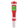 A handheld digital water quality meter with a red and white body displaying TDS, EC, and temperature readings.