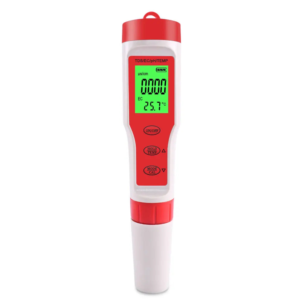 A handheld digital water quality meter with a red and white body displaying TDS, EC, and temperature readings.
