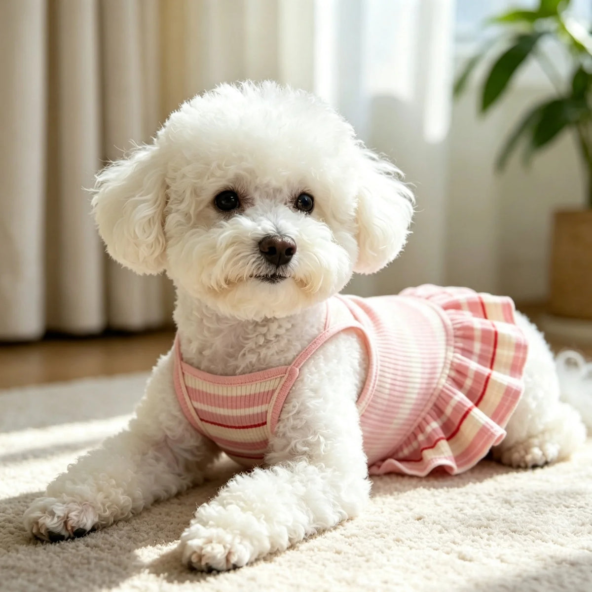 A fluffy white dog wearing a pink and white striped ruffle hem dress lying on a light rug.