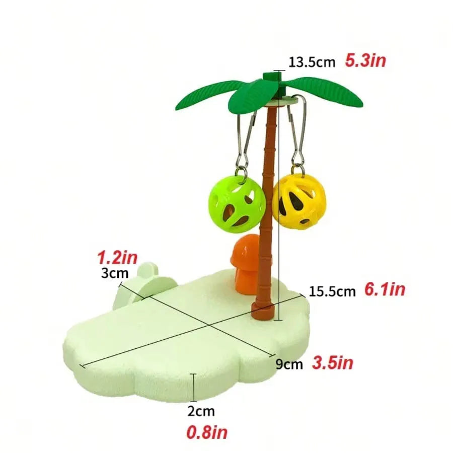 A tropical bird play perch featuring a wooden branch and hanging yellow and green toy balls on a light green base.