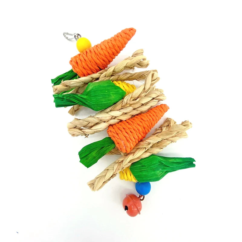 Handwoven natural vine bird and pet swing toy featuring orange and green elements