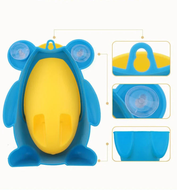 Entrenador para entrenamiento de inodoro en forma de rana azul con interior amarillo y componentes de silicona.