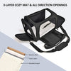A black 3-layer cozy mat pet carrier bag with all-direction openings, showing the layers: woolen mat, foam layer, and wooden 