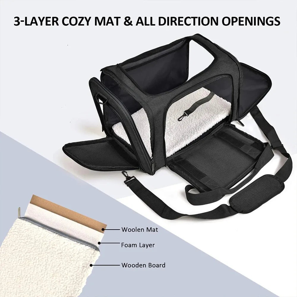 A black 3-layer cozy mat pet carrier bag with all-direction openings, showing the layers: woolen mat, foam layer, and wooden 