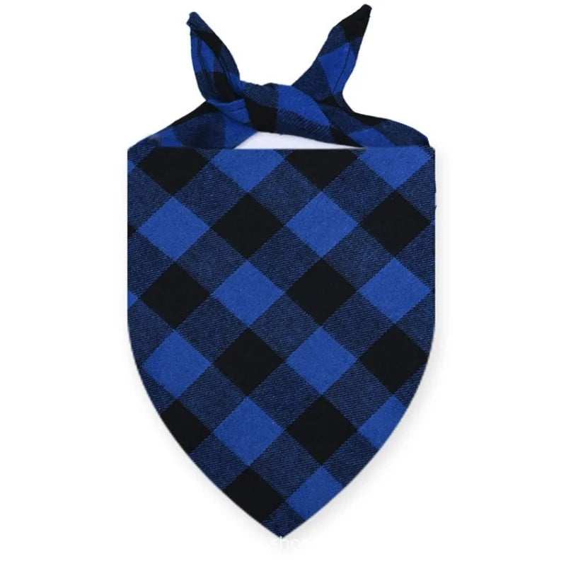 A navy blue and black plaid bandana tied around the neck.