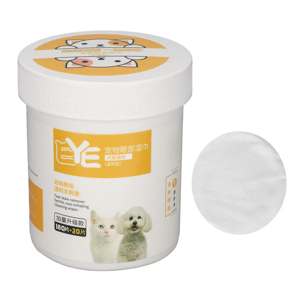 A white jar of pet tear stain remover wipes with a yellow lid and label, next to a circular wipe.