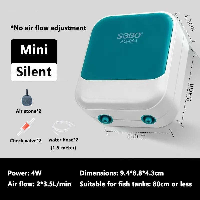 A white and teal mini air pump for aquarium oxygenation with accessories shown.