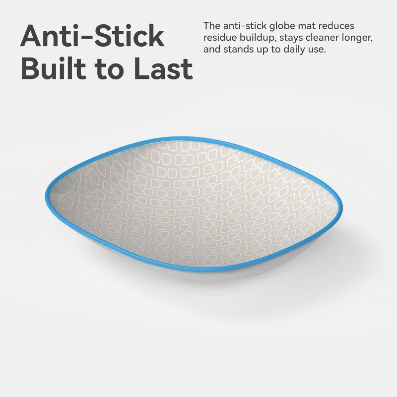 A light gray, oval-shaped anti-stick globe mat for a cat litter box.