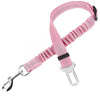 Pink adjustable dog car safety belt with a reflective strip and shock-absorbing bungee