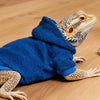 A bearded dragon wearing a blue hooded sweatshirt on a wooden surface.