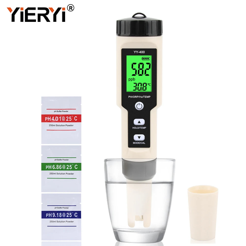 A handheld digital water quality meter with a black and white display and a clear glass beaker.