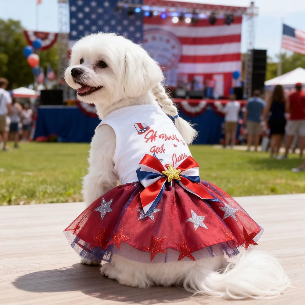 Ein weißer Hund in einem patriotischen Netzkleid mit roten und blauen Akzenten sitzt auf einer Holzoberfläche.
