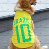 A golden retriever wearing a bright yellow football jersey vest with the number 10 and the word BRAZIL on the back.