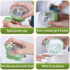 A pet bath brush with a spill-proof cap, non-slip squeeze pump head, and dispenser for pouring shower gel into water to creat