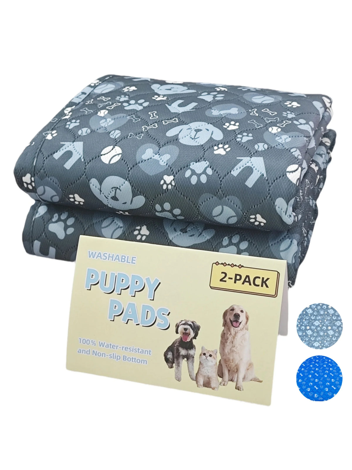 A 2-pack of washable puppy pads featuring a gray and white paw print pattern.