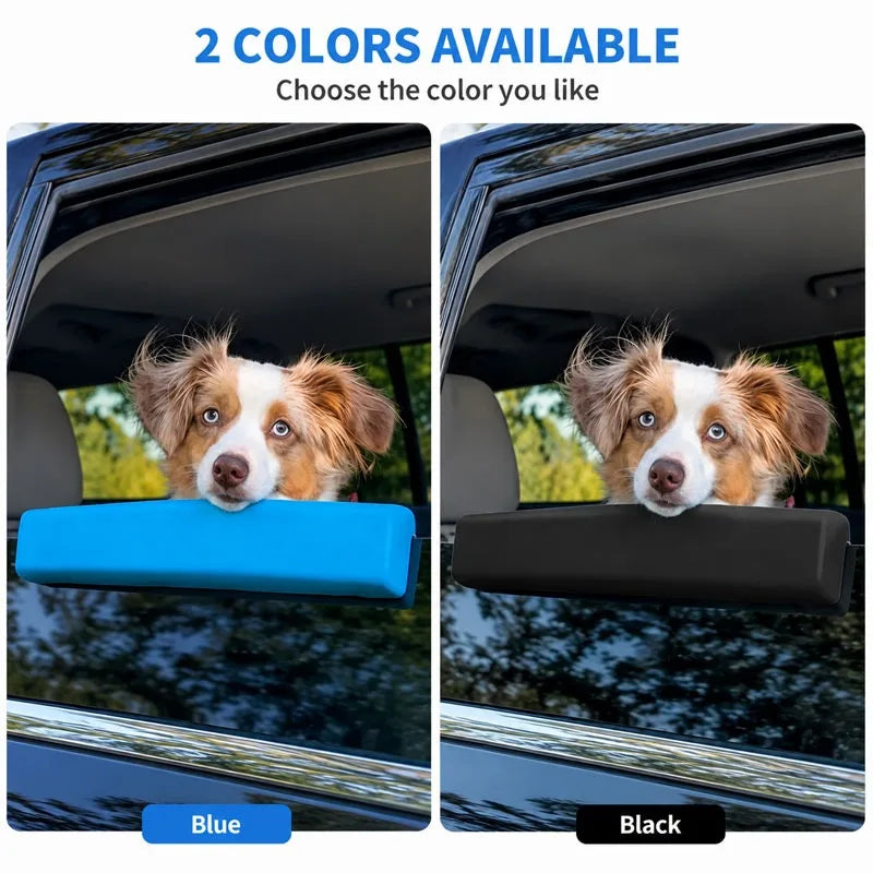 Two options for an EVA foam dog car window chin rest cushion in blue and black colors.