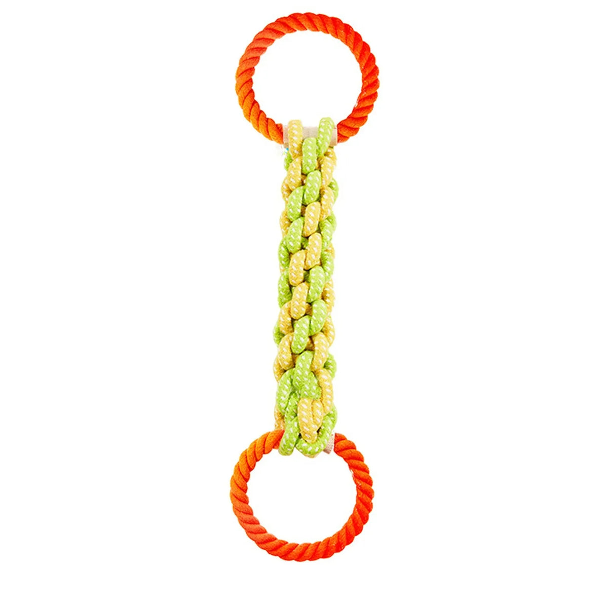 A bright orange durable dog chew rope toy with a green, textured center.