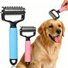 A golden retriever is being groomed with a pink pet detangling comb and a blue one.