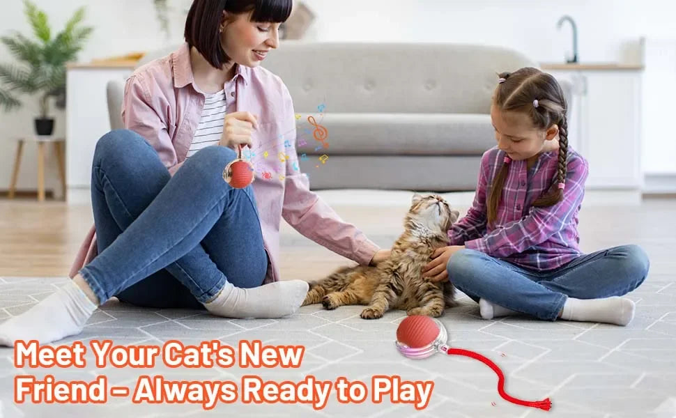 A girl and a cat play with an orange rolling toy on a light-colored floor.