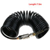 Black heavy-duty air compressor hose with a quick coupler and PE adapter, coiled and ready for use.