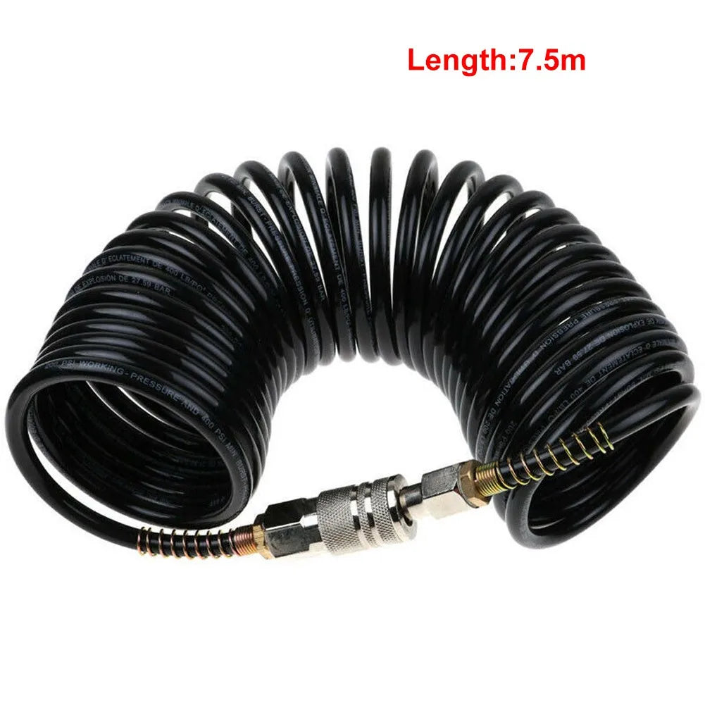Black heavy-duty air compressor hose with a quick coupler and PE adapter, coiled and ready for use.