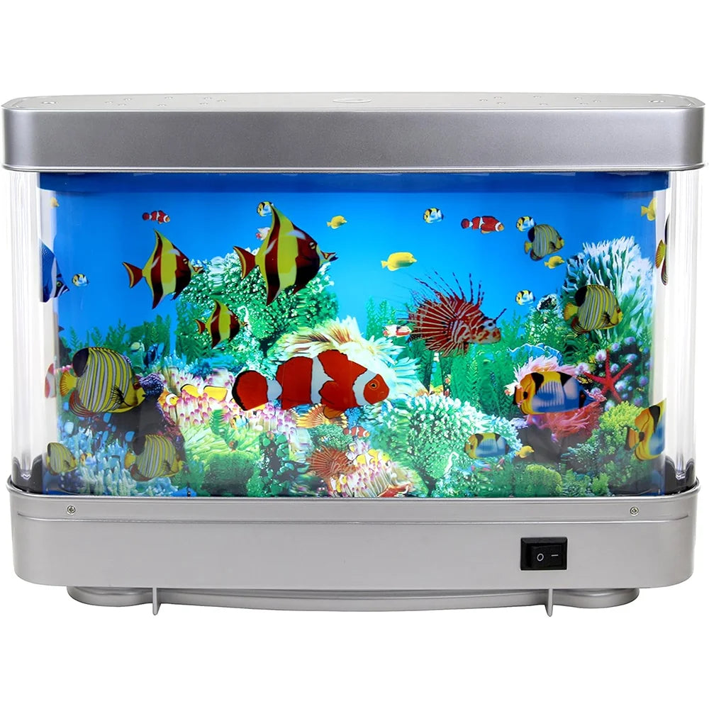 Aquarium rectangulaire en verre rempli de poissons tropicaux artificiels colorés, éclairé par une lumière bleue.