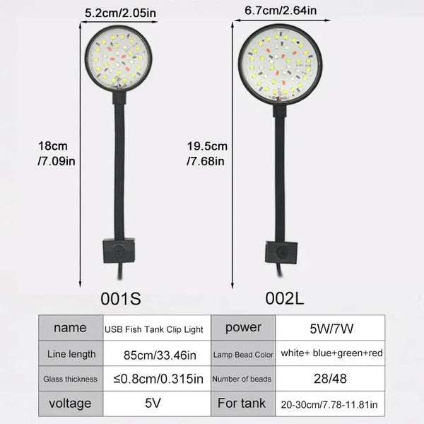 A pair of USB clip-on LED aquarium lights, model 001S and 002L, showing their dimensions and specifications.