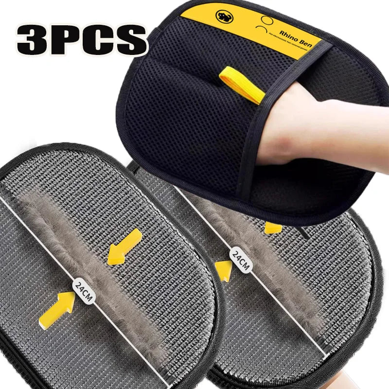 Three pairs of black double-sided pet grooming gloves for hair removal and cleaning are shown.