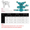 A diagram showing the dimensions of a dog's chest and neck, alongside various sizes of a teal harness for dogs and cats.