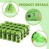 A collection of green certified compostable dog waste bags with details about load bearing and ultra strength