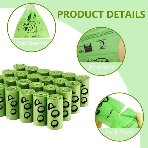A collection of green certified compostable dog waste bags with details about load bearing and ultra strength