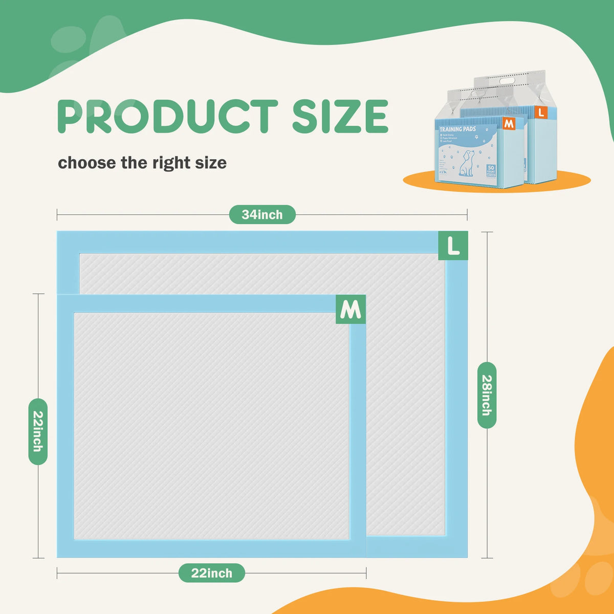 Diagram showing the size options for disposable pet training pads, including Large and Medium sizes.