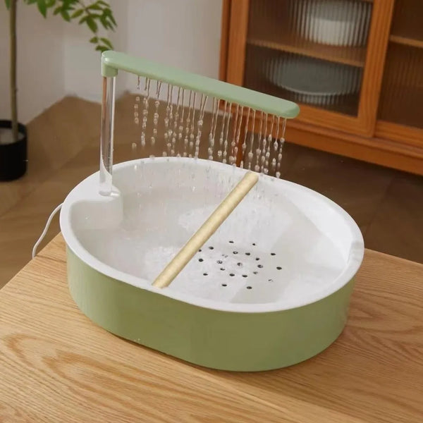A light green automatic bird bathtub with a resting stick is shown on a wooden surface.