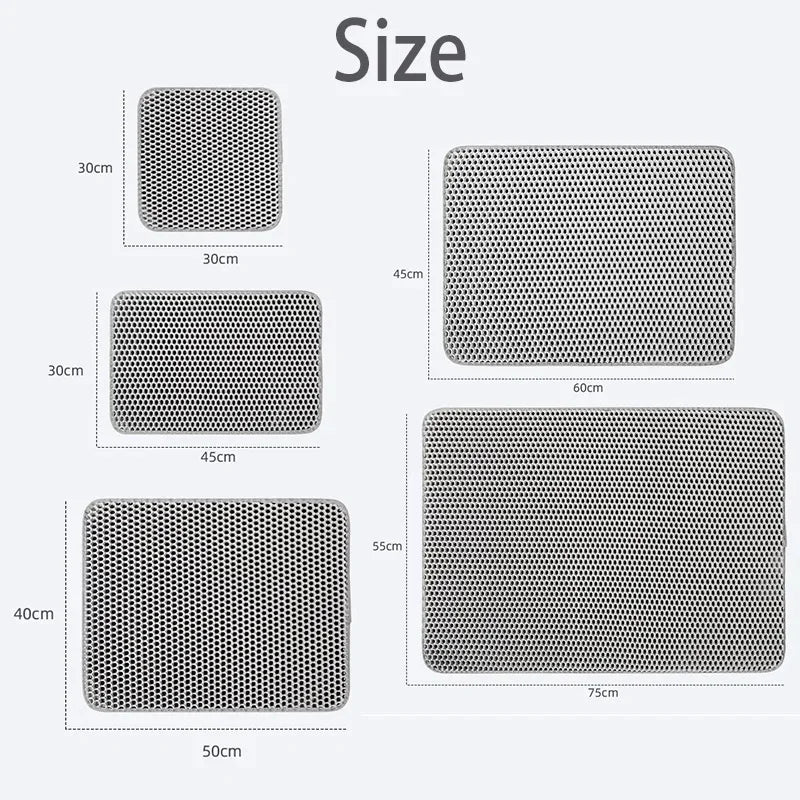 Diverses tailles de tapis à litière pour animaux en plastique waterproof, allant de 30 cm à 75 cm.