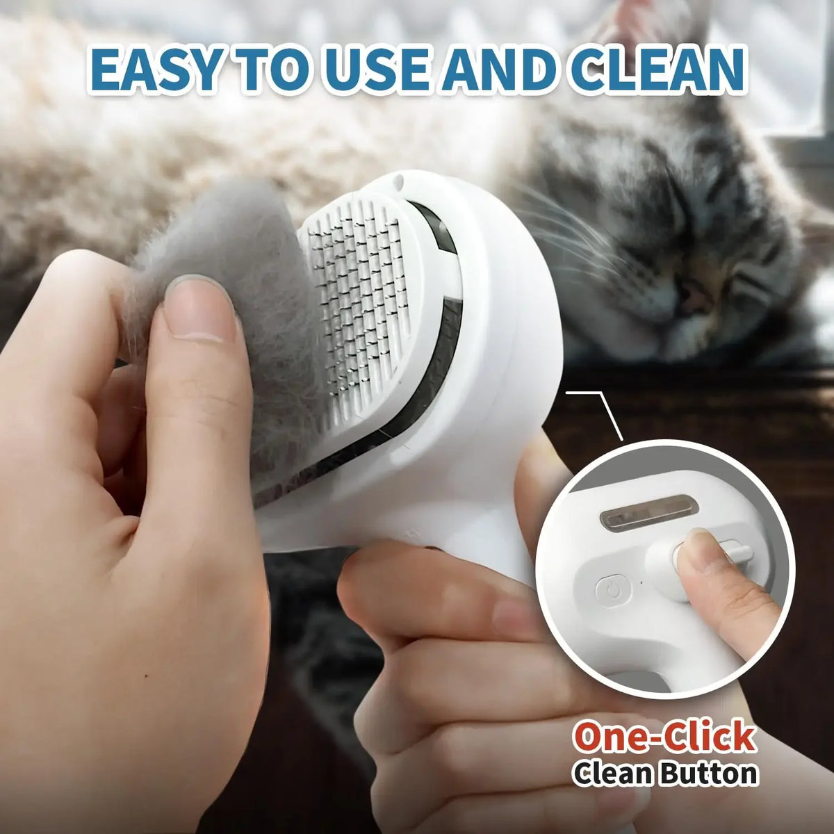 A hand is using a white pet grooming steam brush on a cat, demonstrating the one-click clean button feature.