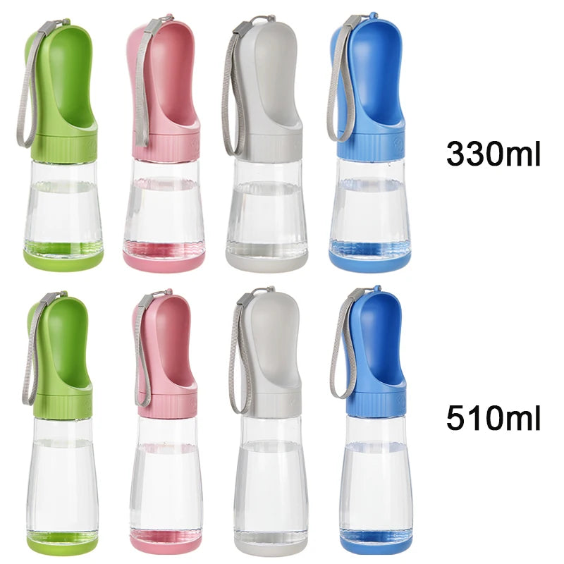 A collection of clear glass water dispensers for pets in various colors and sizes, including 330ml and 510ml options.