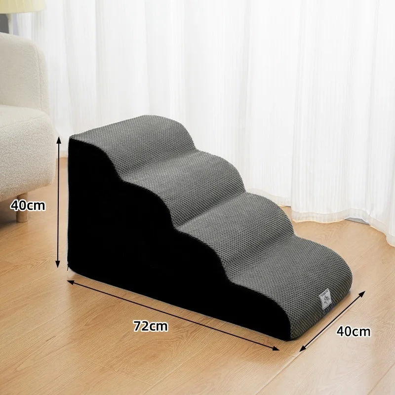 Gray washable non-slip pet stairs for bed and sofa shown on a wooden floor.